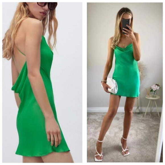 Zara Dresses & Skirts - Zara Green Satin Effect Slip Mini Dress Cowl Neck Crisscross Straps Size Medium